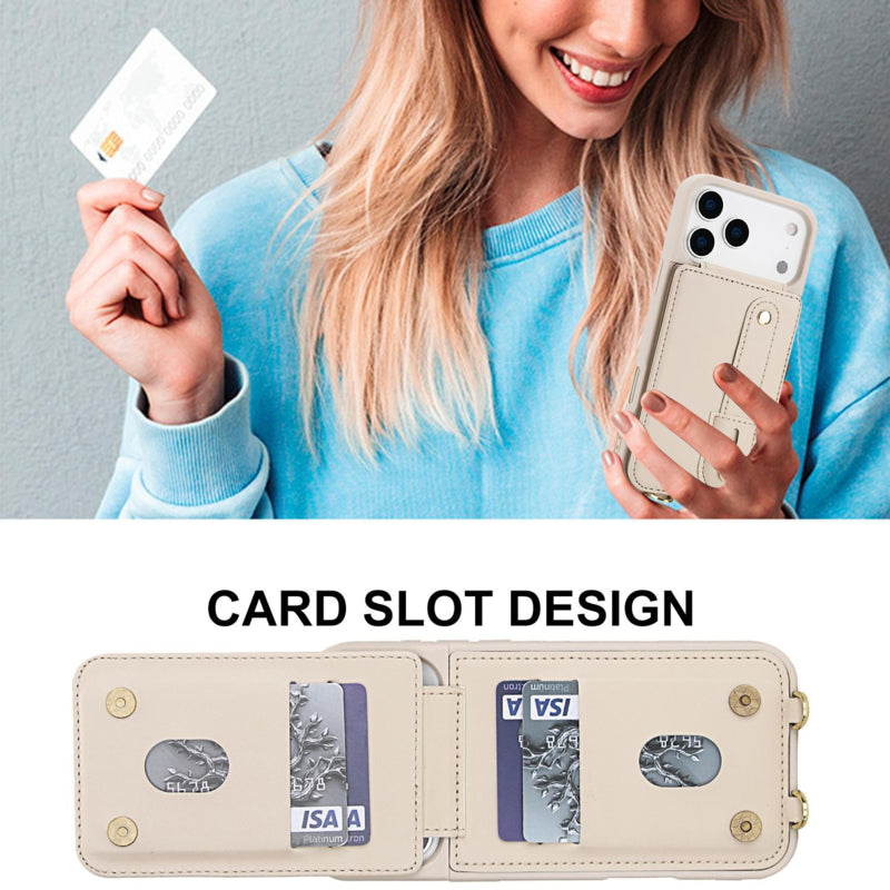 iPhone 17 Pro Hoesje met Pasjeshouder en Draagkoord Beige/Wit