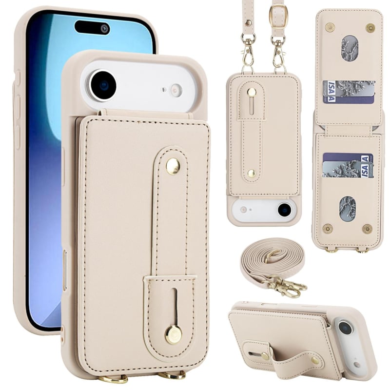 iPhone 17 Air Hoesje met Pasjeshouder en Draagkoord Beige/Wit