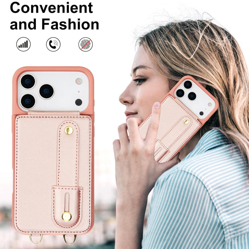 iPhone 17 Pro Hoesje met Pasjeshouder en Draagkoord Rosé Goud