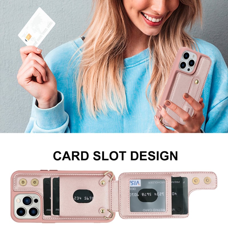 iPhone 16 Pro Max Hoesje met Pasjeshouder en Draagkoord Rosé Goud