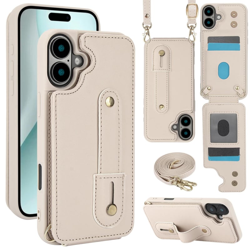 iPhone 16 Hoesje met Pasjeshouder en Draagkoord Beige/Wit