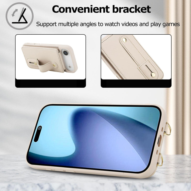 iPhone 17 Air Hoesje met Pasjeshouder en Draagkoord Beige/Wit