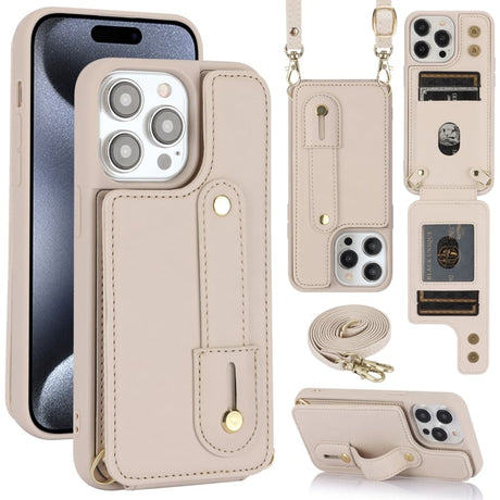 iPhone 16 Pro Hoesje met Pasjeshouder en Draagkoord Beige/Wit