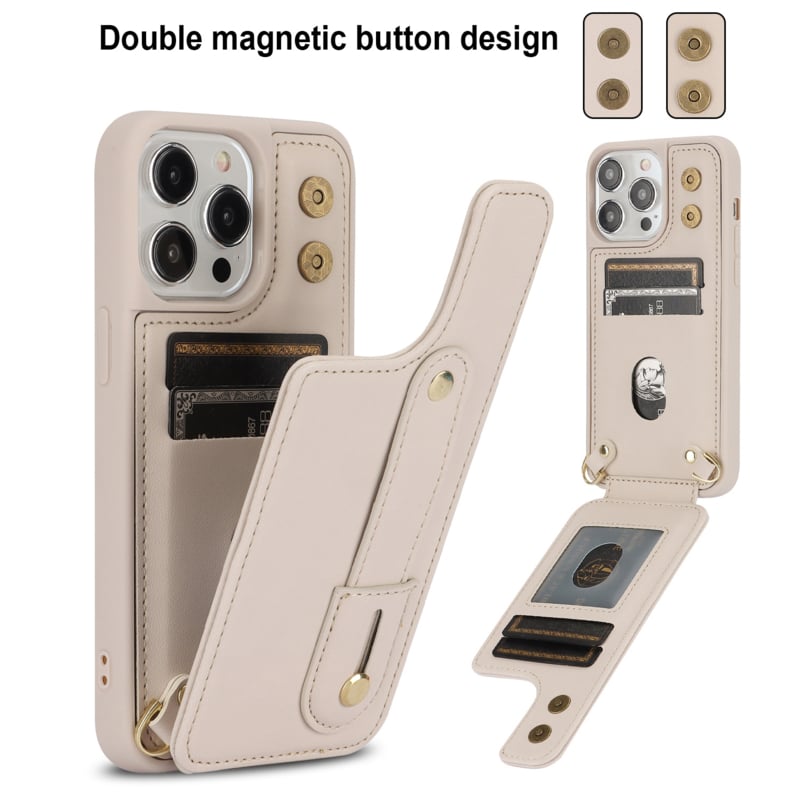 iPhone 16 Pro Max Hoesje met Pasjeshouder en Draagkoord Beige/Wit