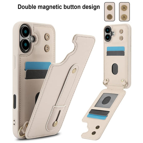 iPhone 16 Plus Hoesje met Pasjeshouder en Draagkoord Beige/Wit