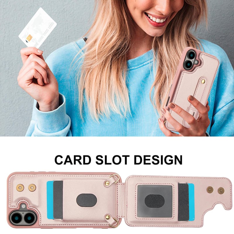 iPhone 16 Hoesje met Pasjeshouder en Draagkoord Rosé Goud