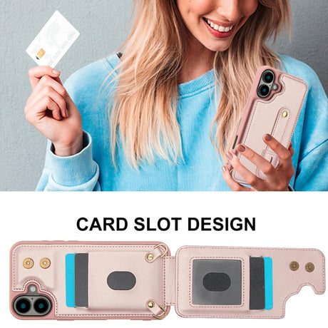 iPhone 16 Hoesje met Pasjeshouder en Draagkoord Rosé Goud