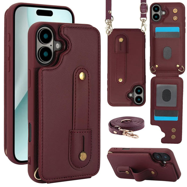 iPhone 16 Hoesje met Pasjeshouder en Draagkoord Bordeaux Rood