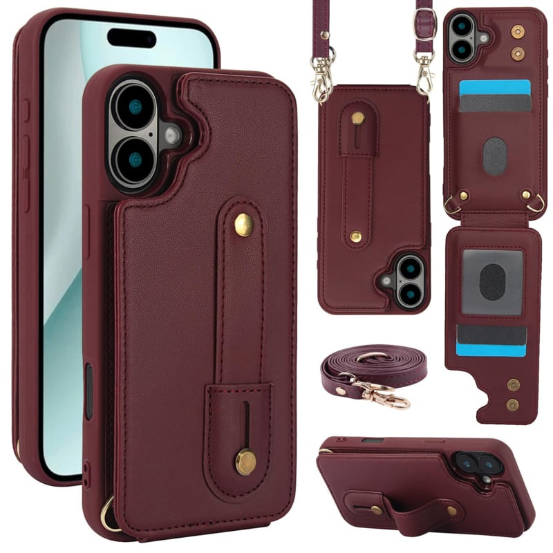 iPhone 16 Plus Hoesje met Pasjeshouder en Draagkoord Bordeaux Rood