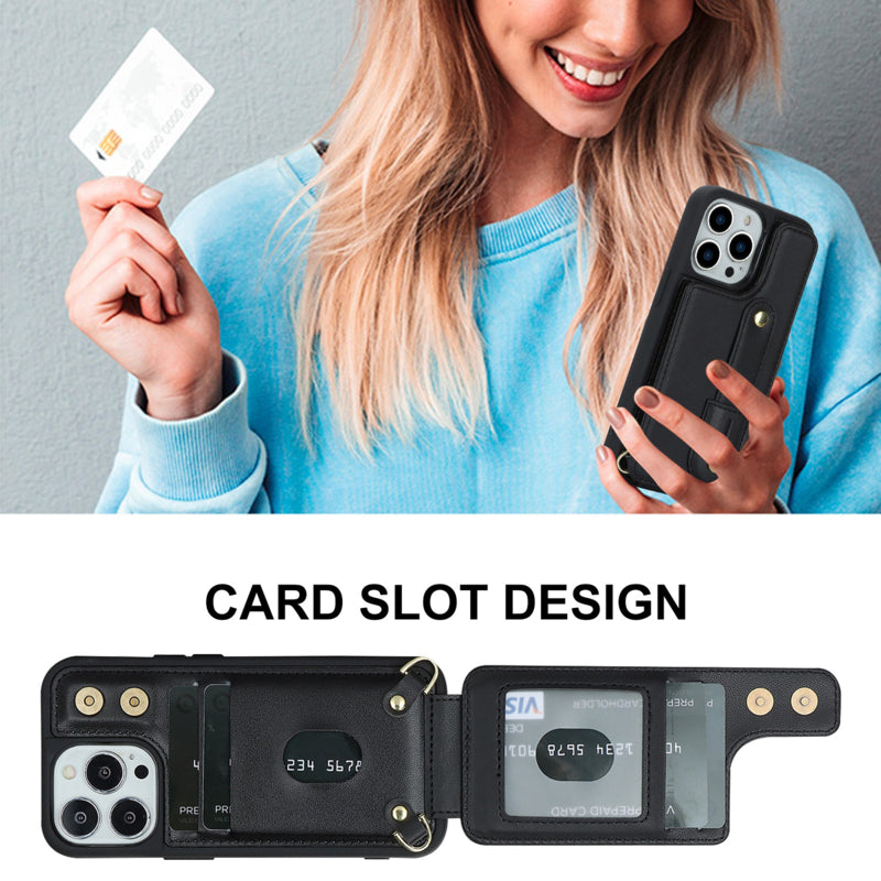 iPhone 16 Pro Hoesje met Pasjeshouder en Draagkoord Zwart
