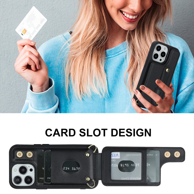 iPhone 16 Pro Max Hoesje met Pasjeshouder en Draagkoord Zwart