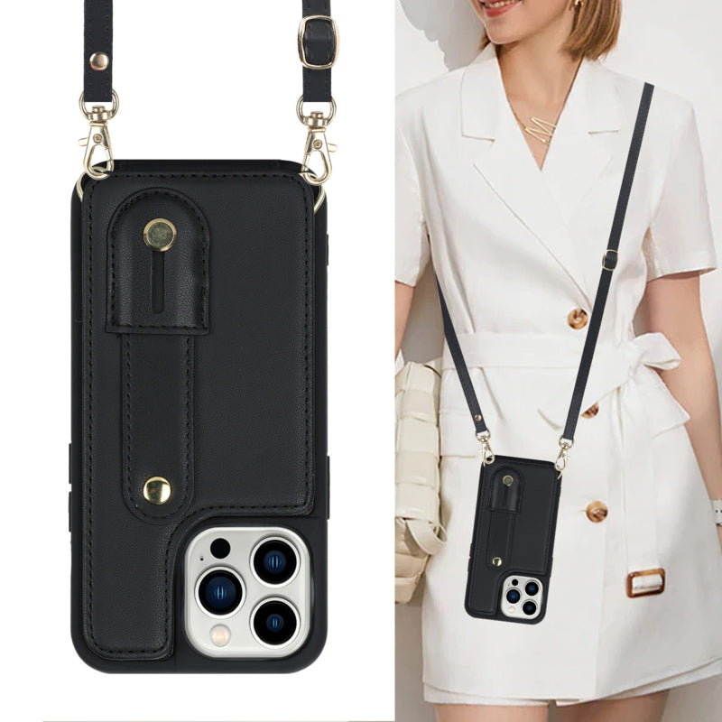 iPhone 16 Pro Hoesje met Pasjeshouder en Draagkoord Zwart