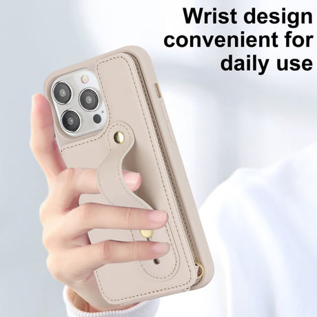 iPhone 16 Pro Max Hoesje met Pasjeshouder en Draagkoord Beige/Wit