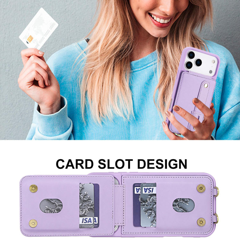 iPhone 17 Pro Hoesje met Pasjeshouder en Draagkoord Paars