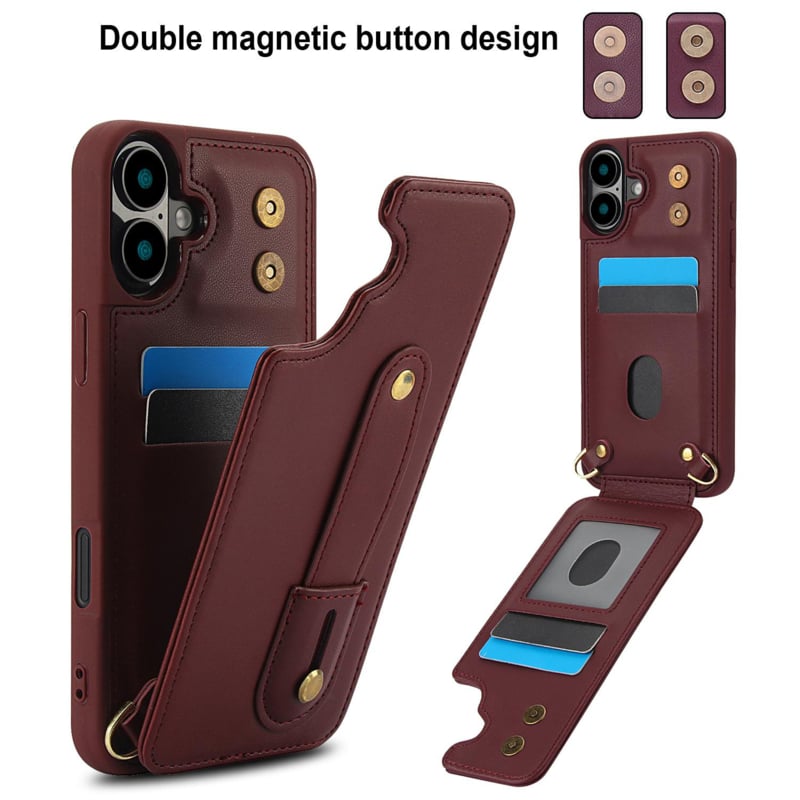 iPhone 16 Hoesje met Pasjeshouder en Draagkoord Bordeaux Rood