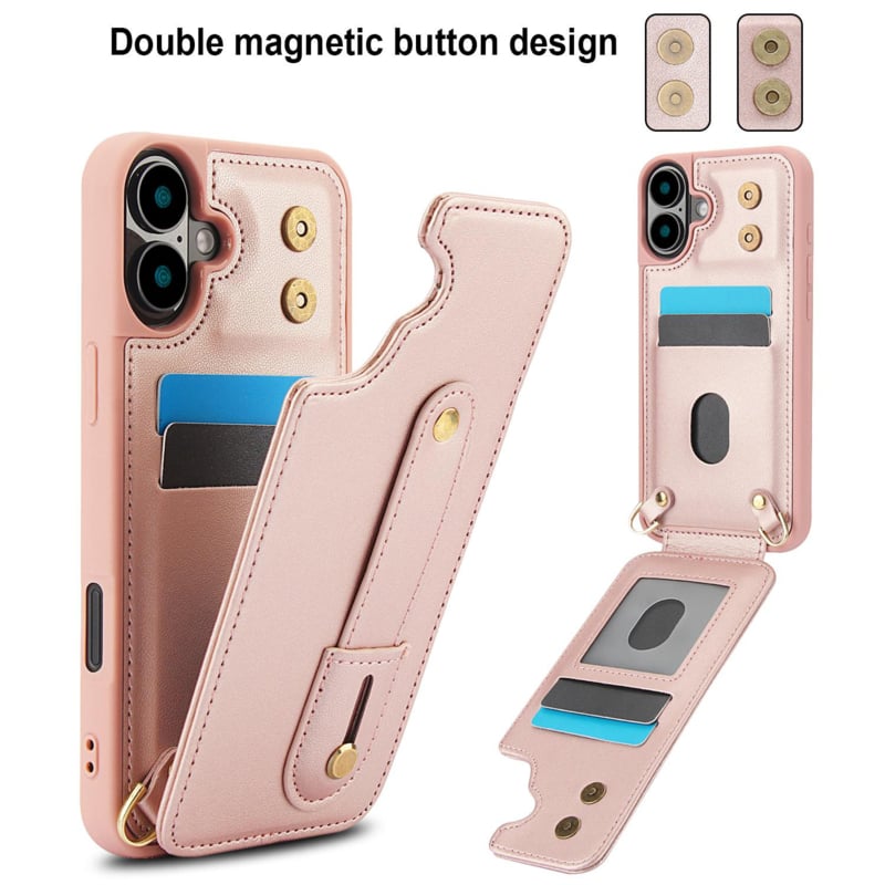 iPhone 16 Plus Hoesje met Pasjeshouder en Draagkoord Rosé Goud