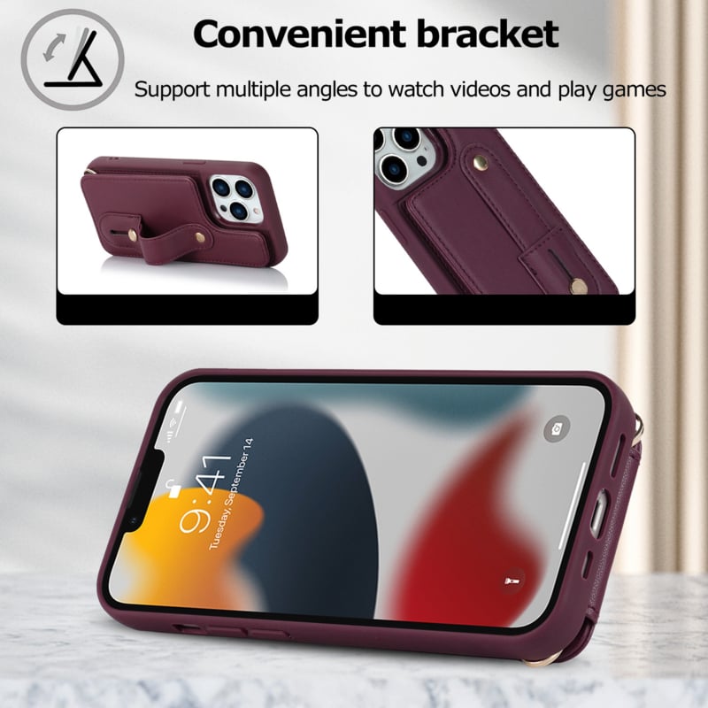 iPhone 16 Pro Max Hoesje met Pasjeshouder en Draagkoord Bordeaux Rood