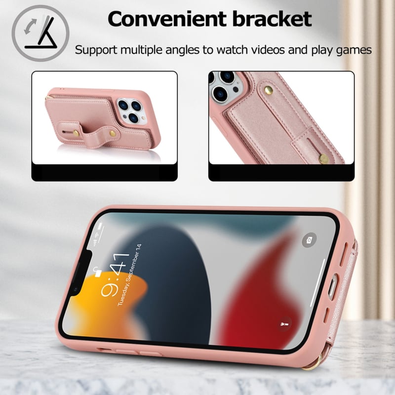 iPhone 16 Pro Max Hoesje met Pasjeshouder en Draagkoord Rosé Goud