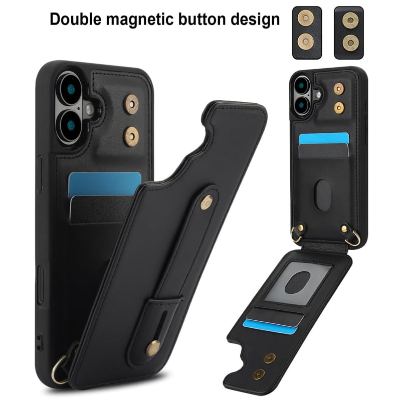 iPhone 16 Plus Hoesje met Pasjeshouder en Draagkoord Zwart