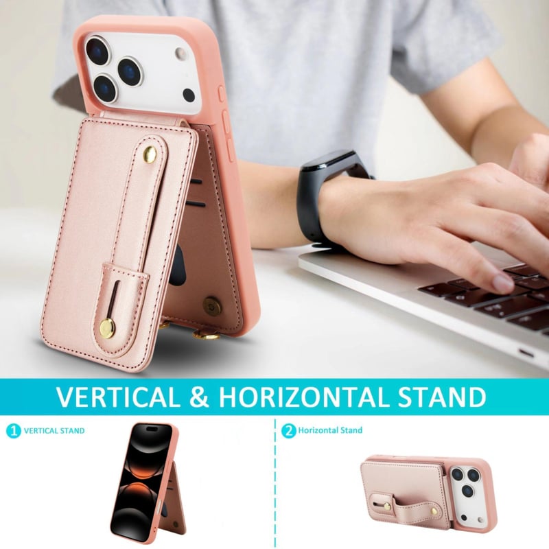 iPhone 17 Pro Max Hoesje met Pasjeshouder en Draagkoord Rosé Goud