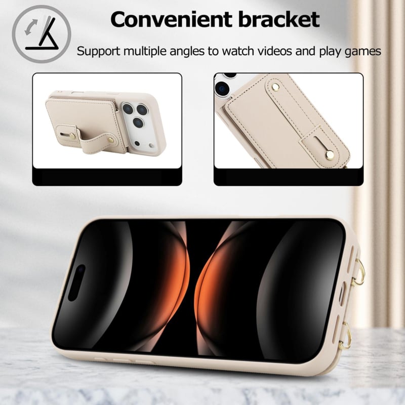 iPhone 17 Pro Max Hoesje met Pasjeshouder en Draagkoord Beige/Wit