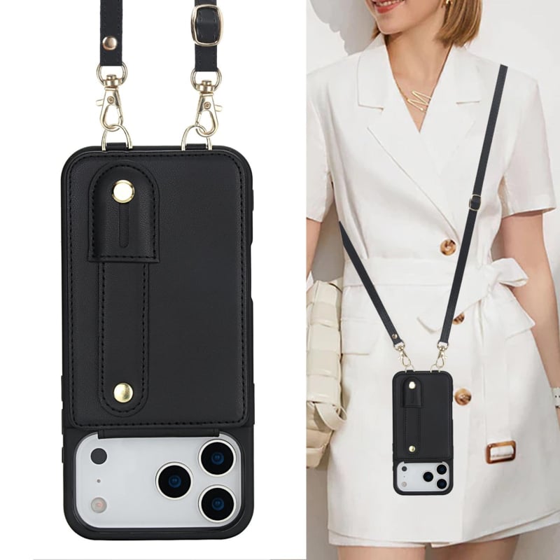 iPhone 17 Pro Hoesje met Pasjeshouder en Draagkoord Zwart