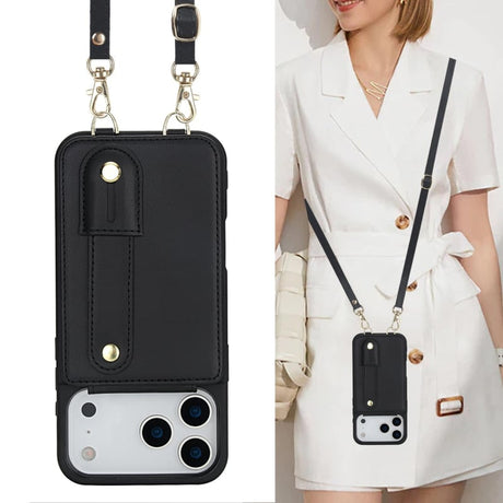 iPhone 17 Pro Hoesje met Pasjeshouder en Draagkoord Zwart