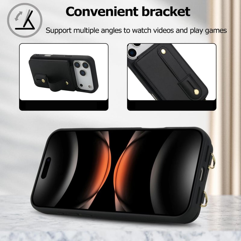 iPhone 17 Pro Max Hoesje met Pasjeshouder en Draagkoord Zwart