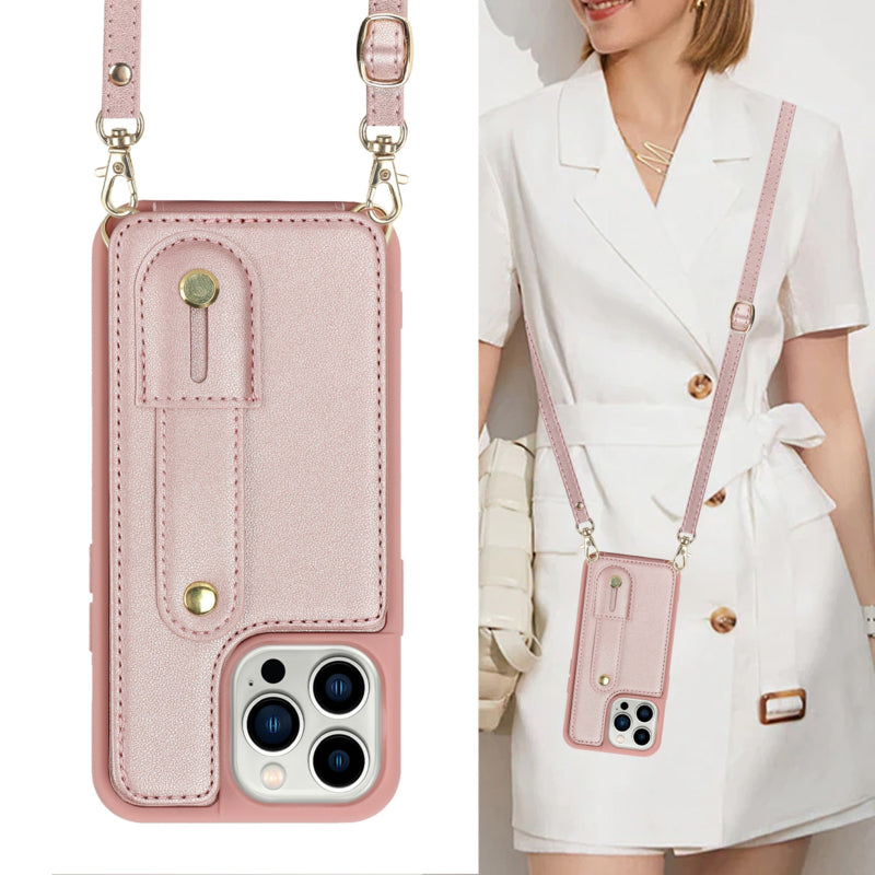 iPhone 16 Pro Hoesje met Pasjeshouder en Draagkoord Rosé Goud