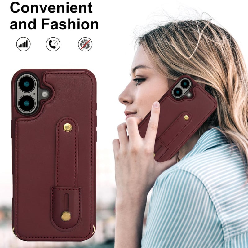 iPhone 16 Plus Hoesje met Pasjeshouder en Draagkoord Bordeaux Rood