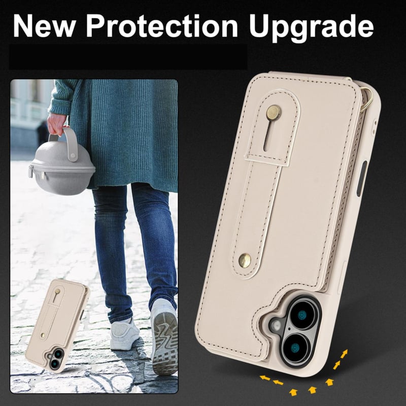 iPhone 16 Plus Hoesje met Pasjeshouder en Draagkoord Beige/Wit