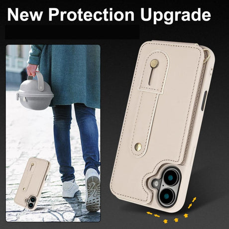 iPhone 16 Hoesje met Pasjeshouder en Draagkoord Beige/Wit