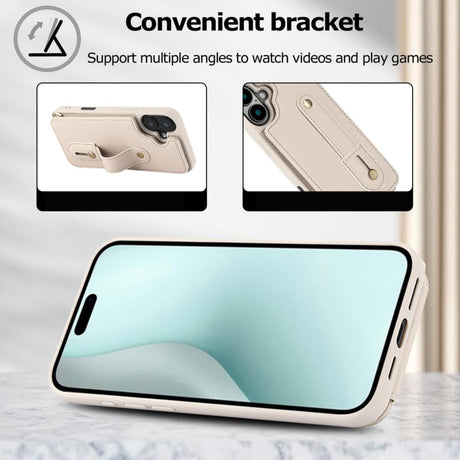 iPhone 16 Plus Hoesje met Pasjeshouder en Draagkoord Beige/Wit