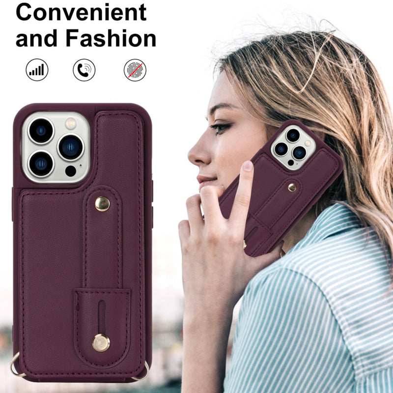 iPhone 16 Pro Hoesje met Pasjeshouder en Draagkoord Bordeaux Rood