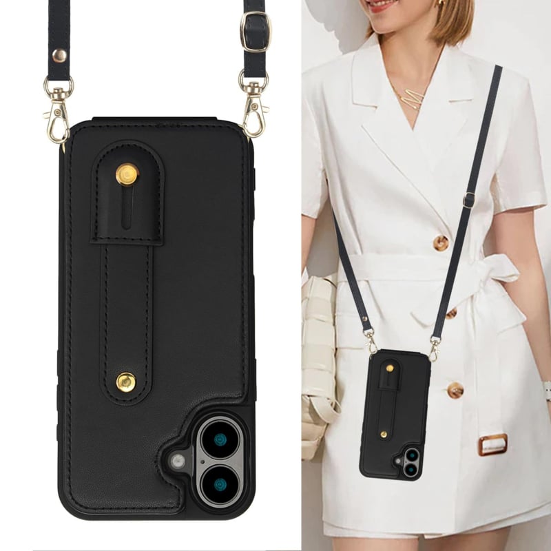 iPhone 16 Plus Hoesje met Pasjeshouder en Draagkoord Zwart