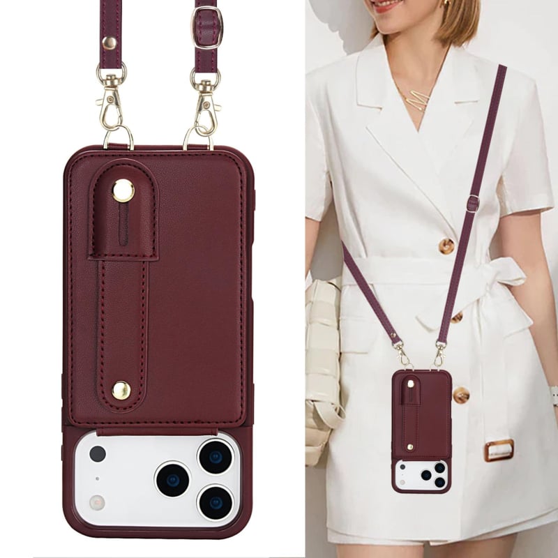 iPhone 17 Pro Max Hoesje met Pasjeshouder en Draagkoord Bordeaux Rood