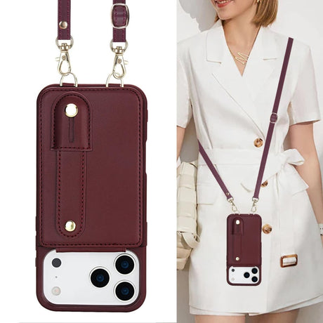 iPhone 17 Pro Max Hoesje met Pasjeshouder en Draagkoord Bordeaux Rood