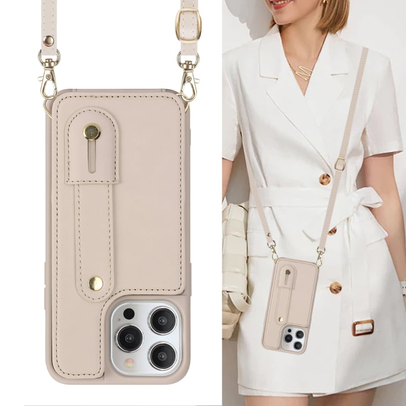 iPhone 16 Pro Max Hoesje met Pasjeshouder en Draagkoord Beige/Wit